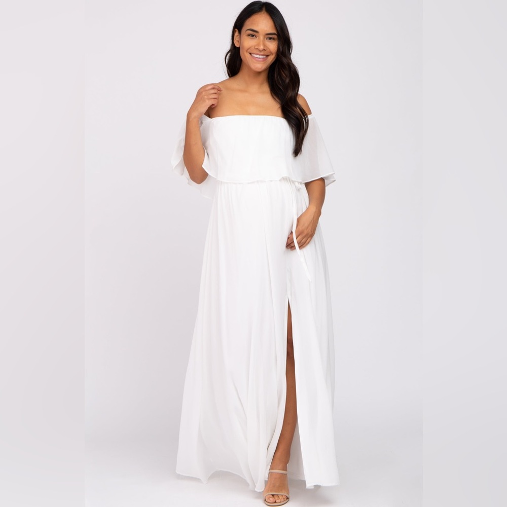 White Chiffon Off the Shoulder Maxi Dress Size L